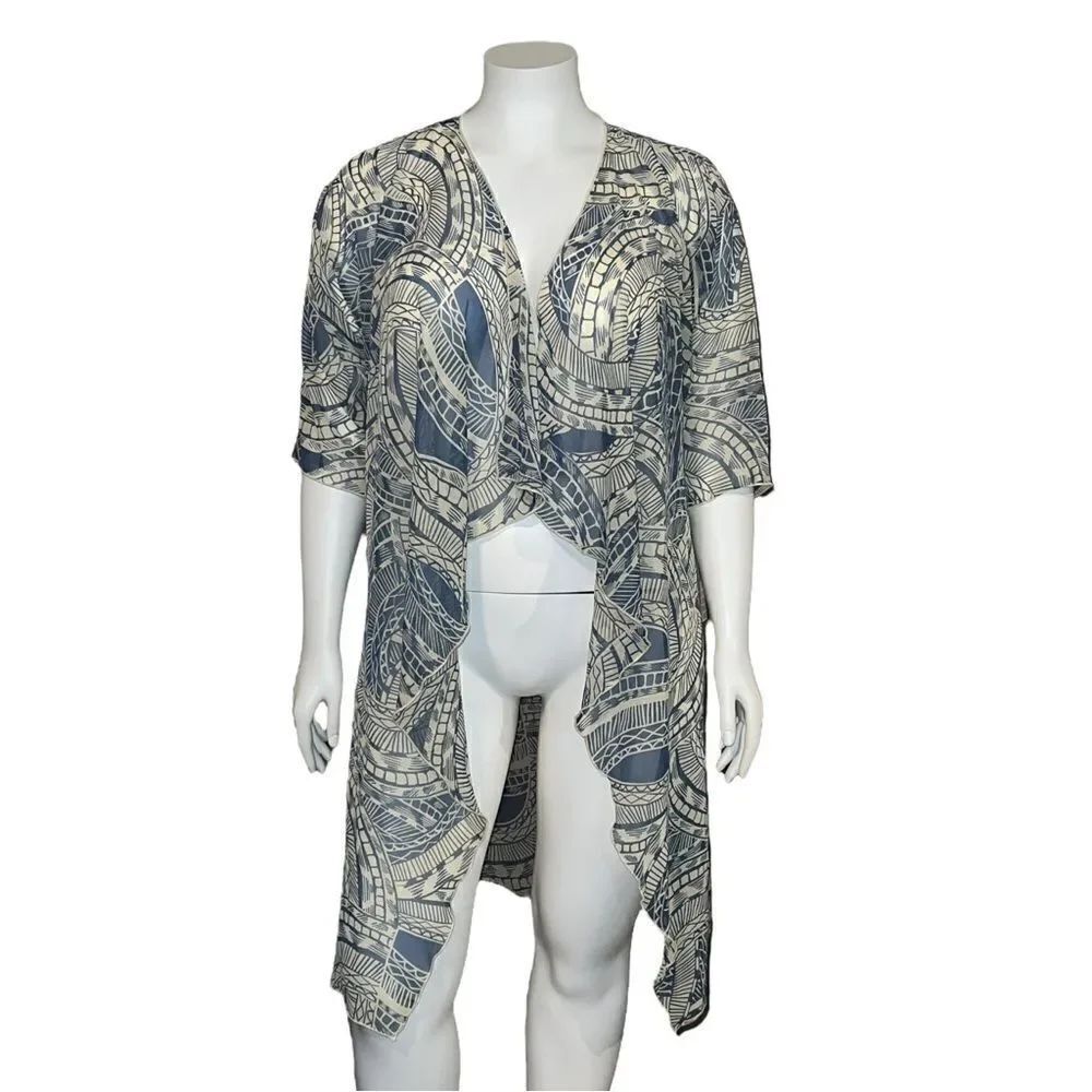 LulaRoe Beige & Blue Shirley Kimono Open Wrap Ruana Geometric Medium NWT